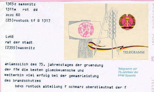 Telegramm zur 75-Jahrfeier der FFw Sassnitz